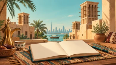 دفتر وقلم أمام عمارة إماراتية تقليدية