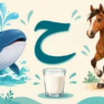 حرف الحاء مع حوت وحصان وكأس حليب
