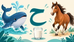 حرف الحاء مع حوت وحصان وكأس حليب
