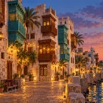 رسم لمباني جدة التاريخية وروشانها عند الغروب