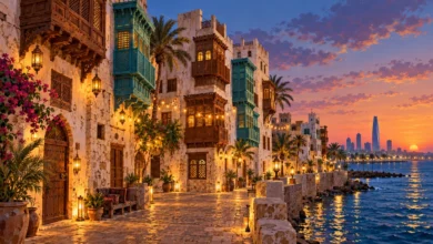 رسم لمباني جدة التاريخية وروشانها عند الغروب