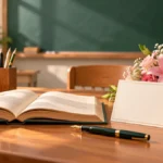 كتاب وقلم وزهور وبطاقة على مكتب دراسي