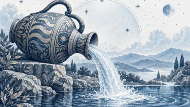 رسم توضيحي لرمز برج الدلو: حامل الماء باللون الأزرق على خلفية فاتحة